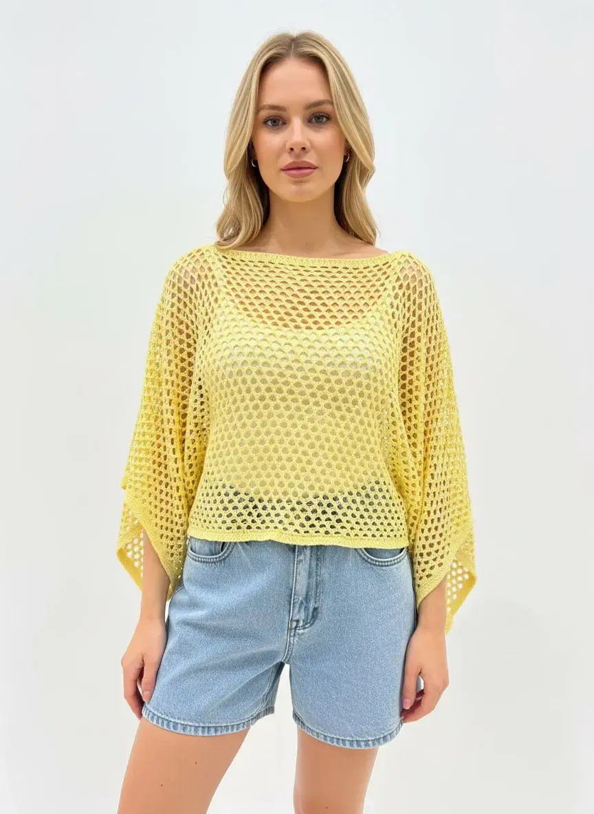 Kadın Delikli Oversize Kayık Yaka Triko Bluz 8722