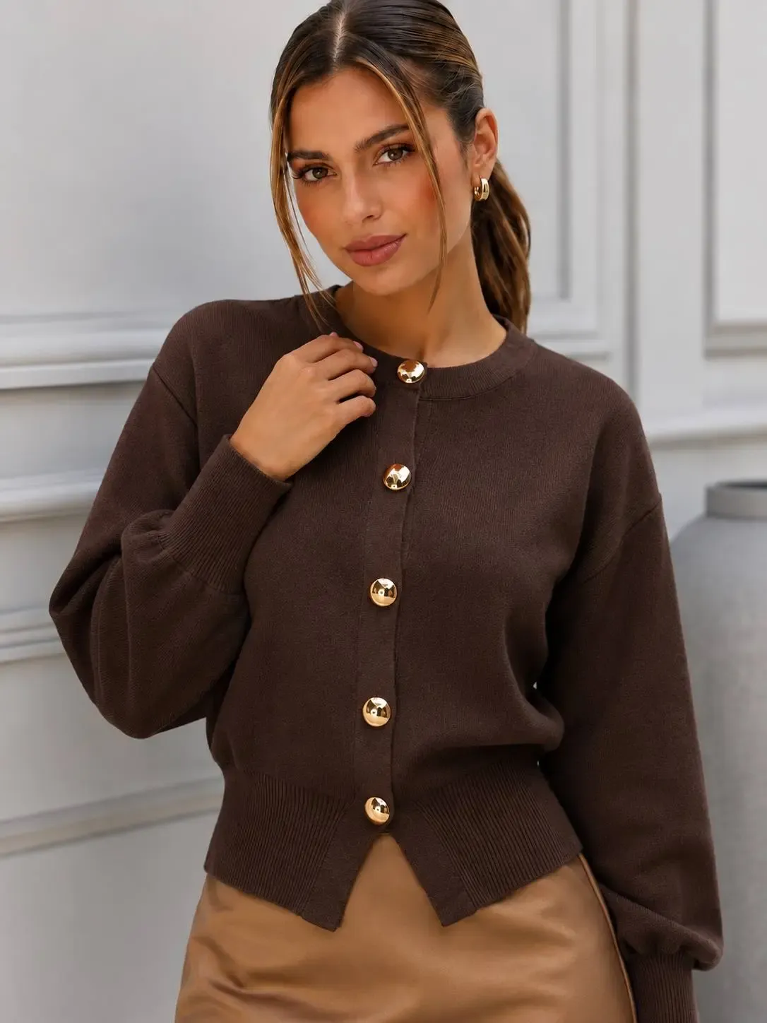 Kadın Gold Metal Düğmeli Triko Hırka Balon Kol Crop Premium Ceket 12525