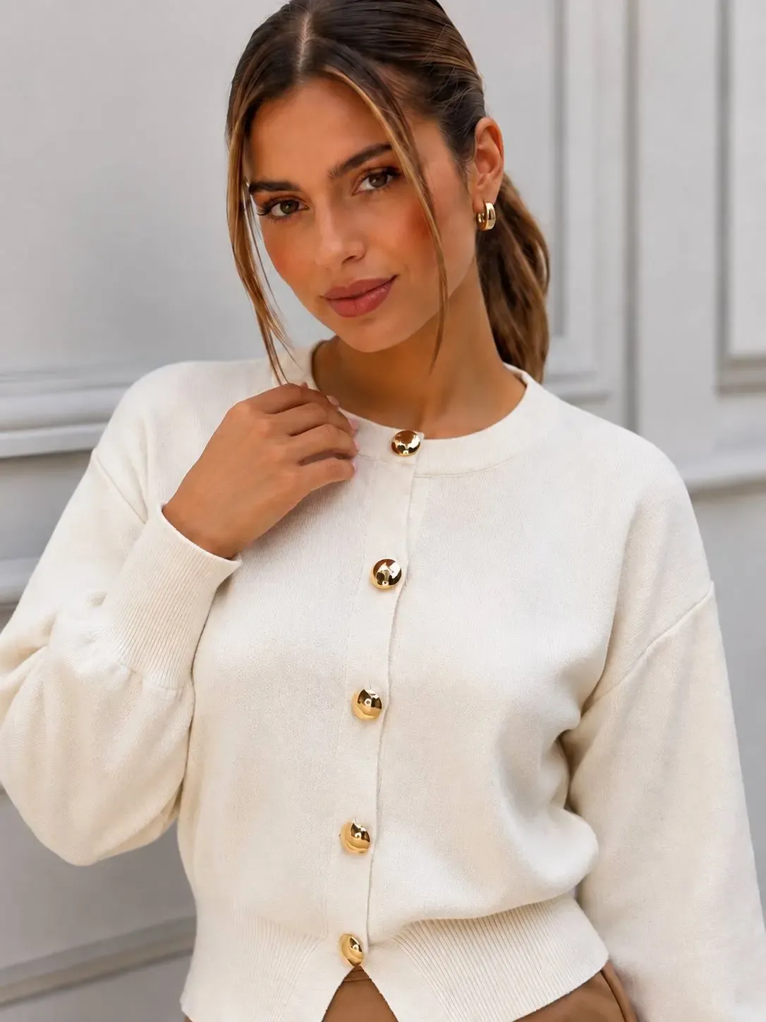 Kadın Gold Metal Düğmeli Triko Hırka Balon Kol Crop Premium Ceket 12525