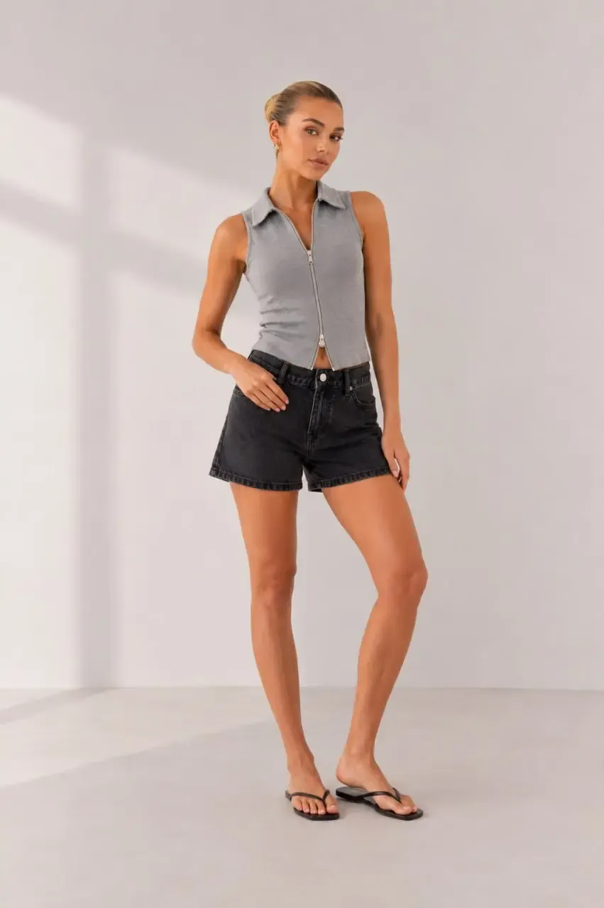 Kadın Poloyaka Fermuar Detay Slim Fit Kaşkorse Örme Crop Body Bluz 26095