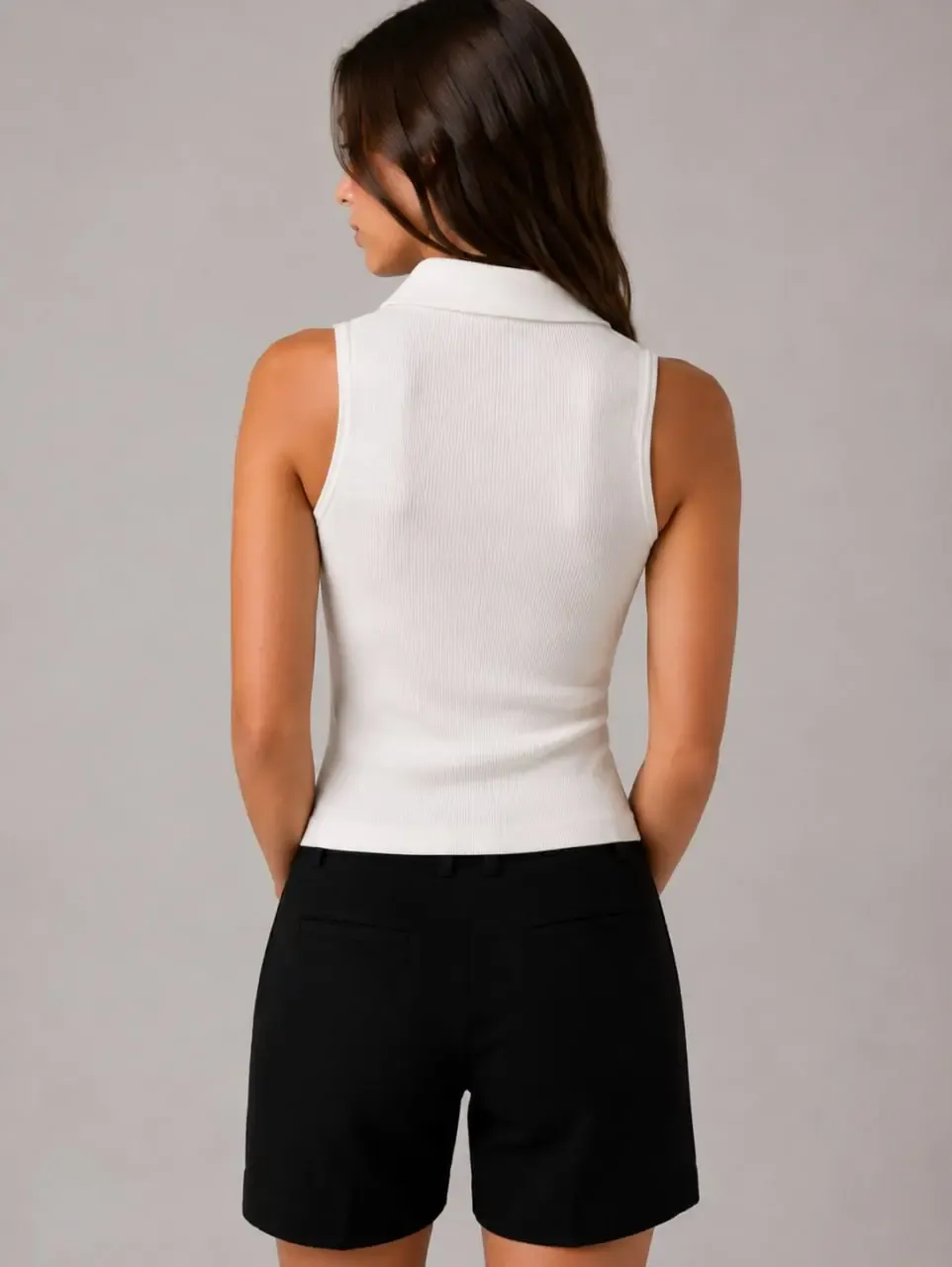 Kadın Poloyaka Fermuar Detay Slim Fit Kaşkorse Örme Crop Body Bluz 26095