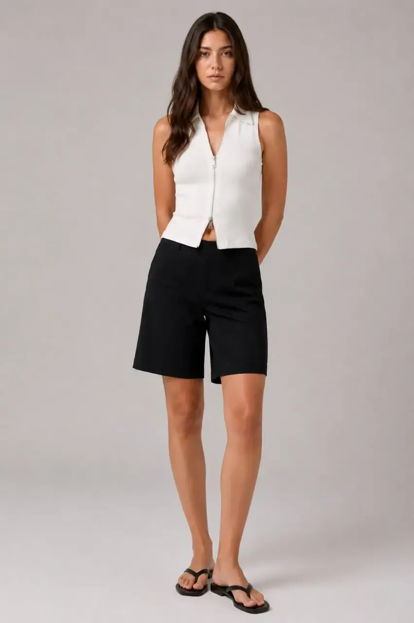 Kadın Poloyaka Fermuar Detay Slim Fit Kaşkorse Örme Crop Body Bluz 26095