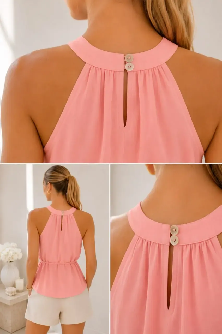Kadın Halter Yaka Beli Bağlamalı Modal Bluz Kolsuz Şık Yazlık Üst 26104