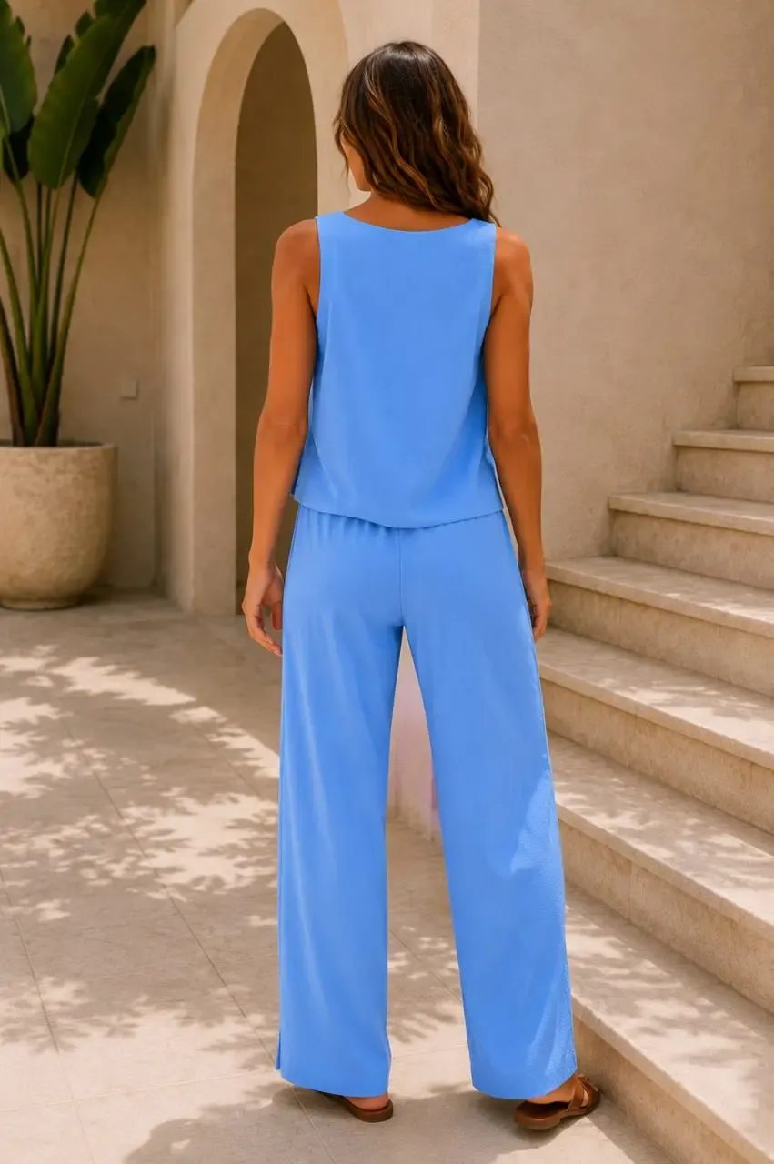 Kadın Kare Yaka Yırtmaçlı Bluz Pantolon Dokuma Yazlık Takım 26089
