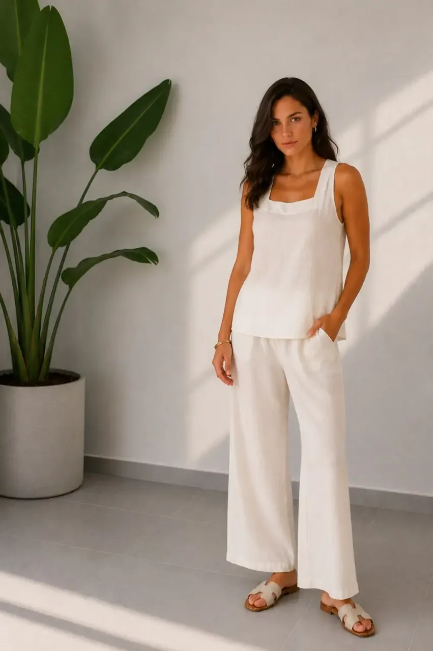 Kadın Kare Yaka Yırtmaçlı Bluz Pantolon Dokuma Yazlık Takım 26089