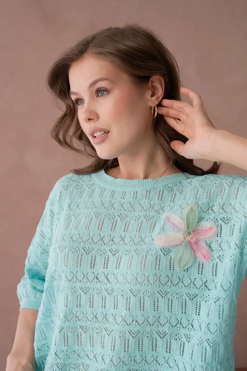 Kadın Mint Ajurlu Mevsimlik Salaş Triko Kazak