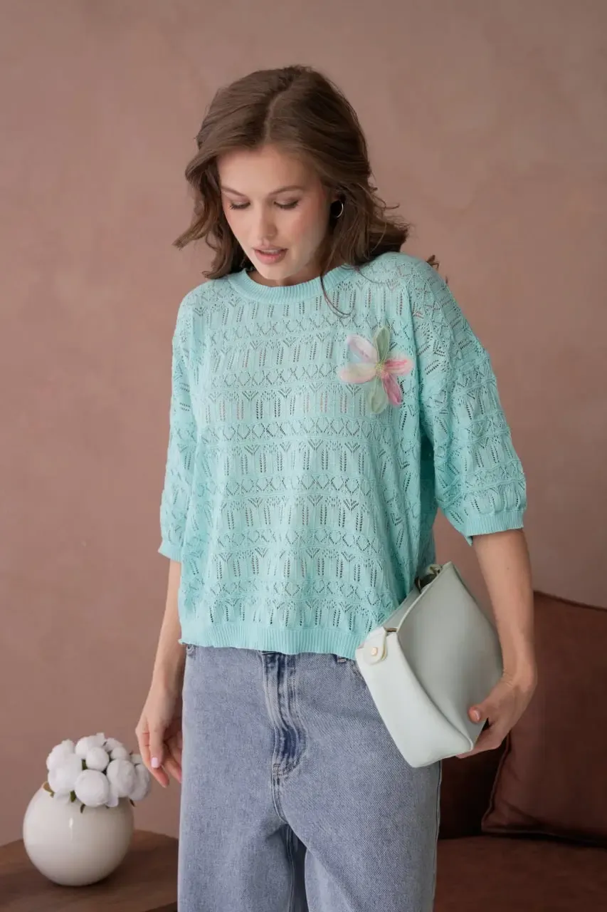 Kadın Mint Ajurlu Mevsimlik Salaş Triko Kazak