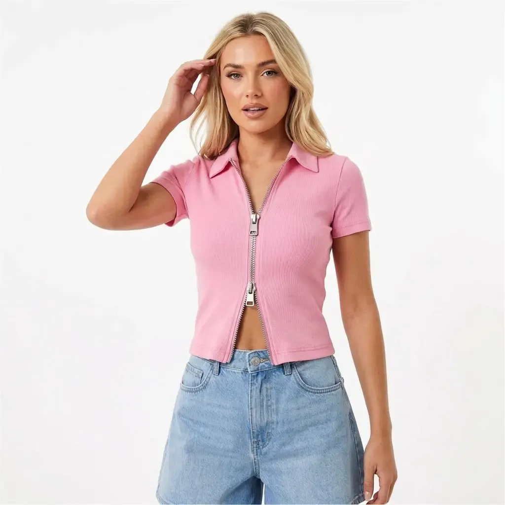 Kadın Polo Yaka Çift Fermuarlı Kaşkorse Body Bluz 13004