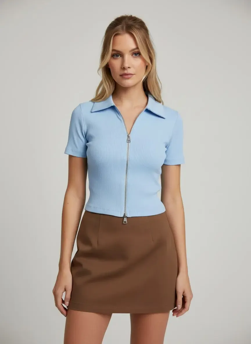 Kadın Polo Yaka Çift Fermuarlı Kaşkorse Body Bluz 13004