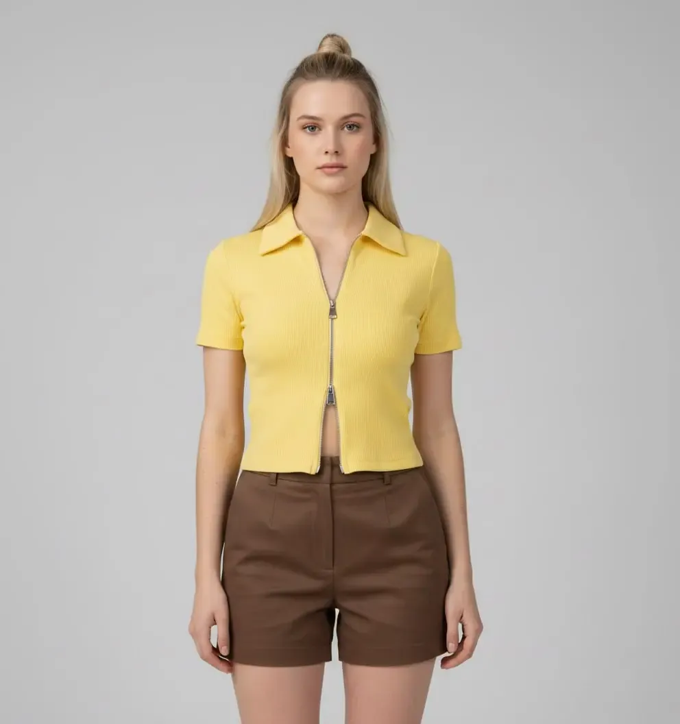 Kadın Polo Yaka Çift Fermuarlı Kaşkorse Body Bluz 13004