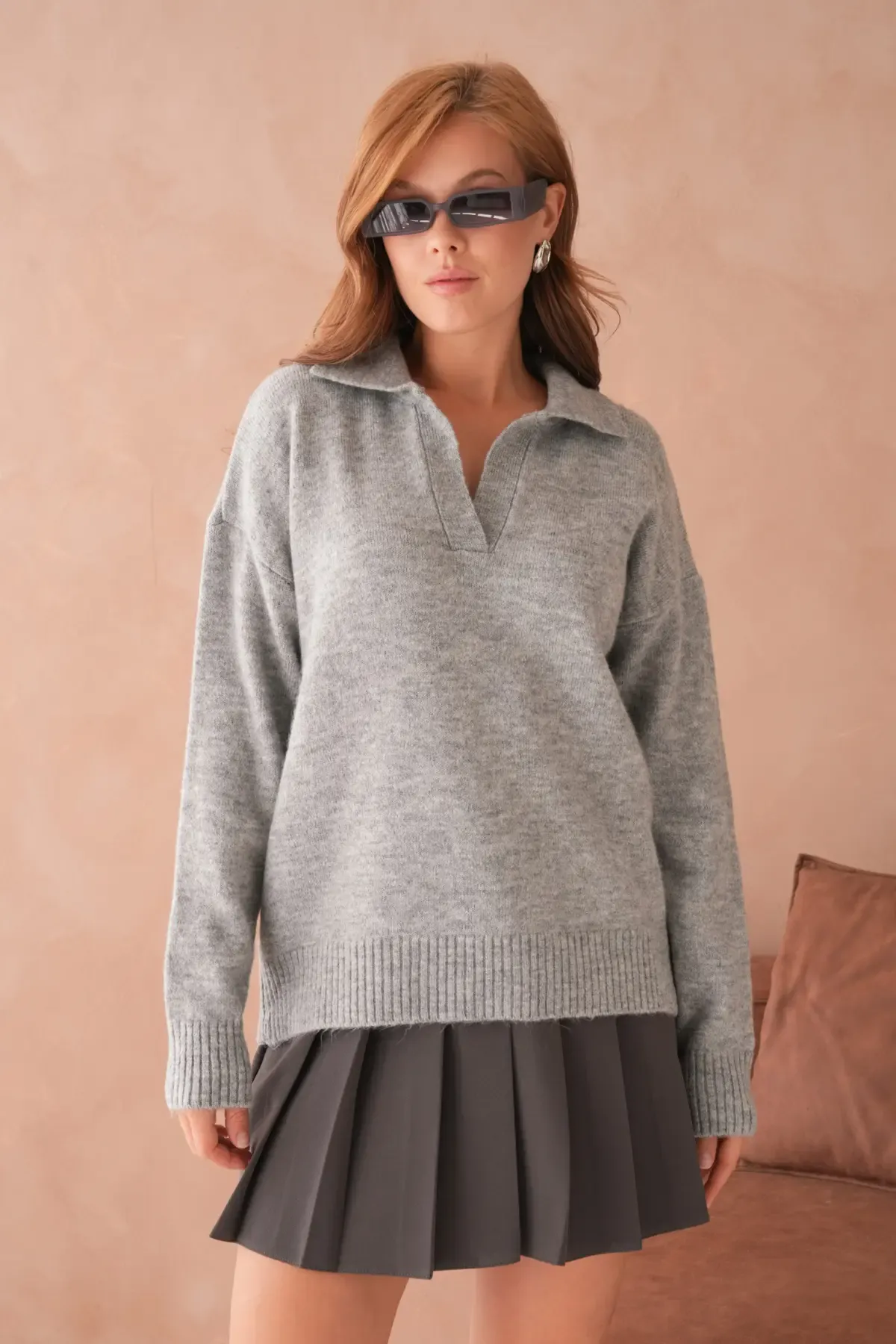 Kadın Polo Yaka Oversize Triko Kazak