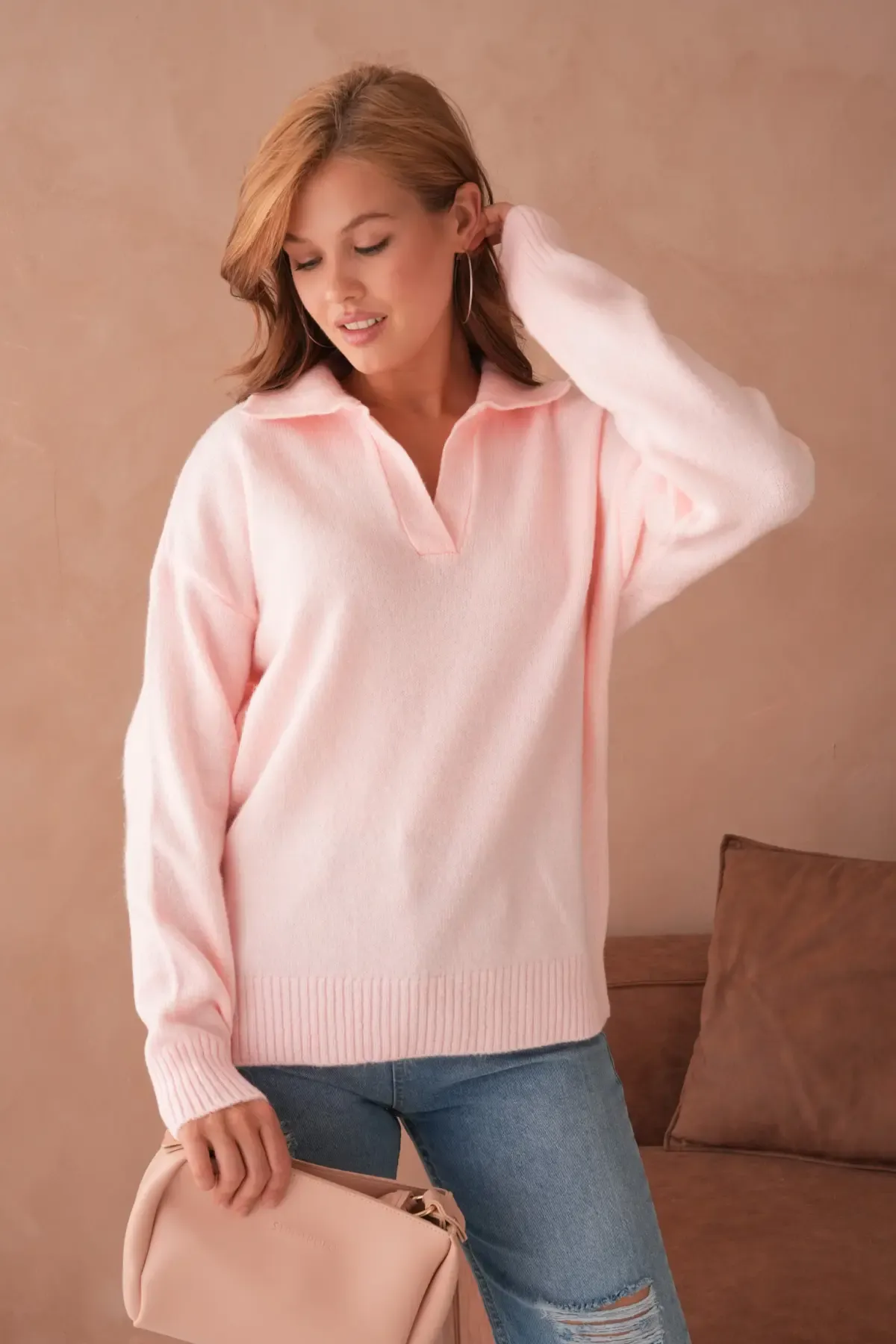 Kadın Polo Yaka Oversize Triko Kazak