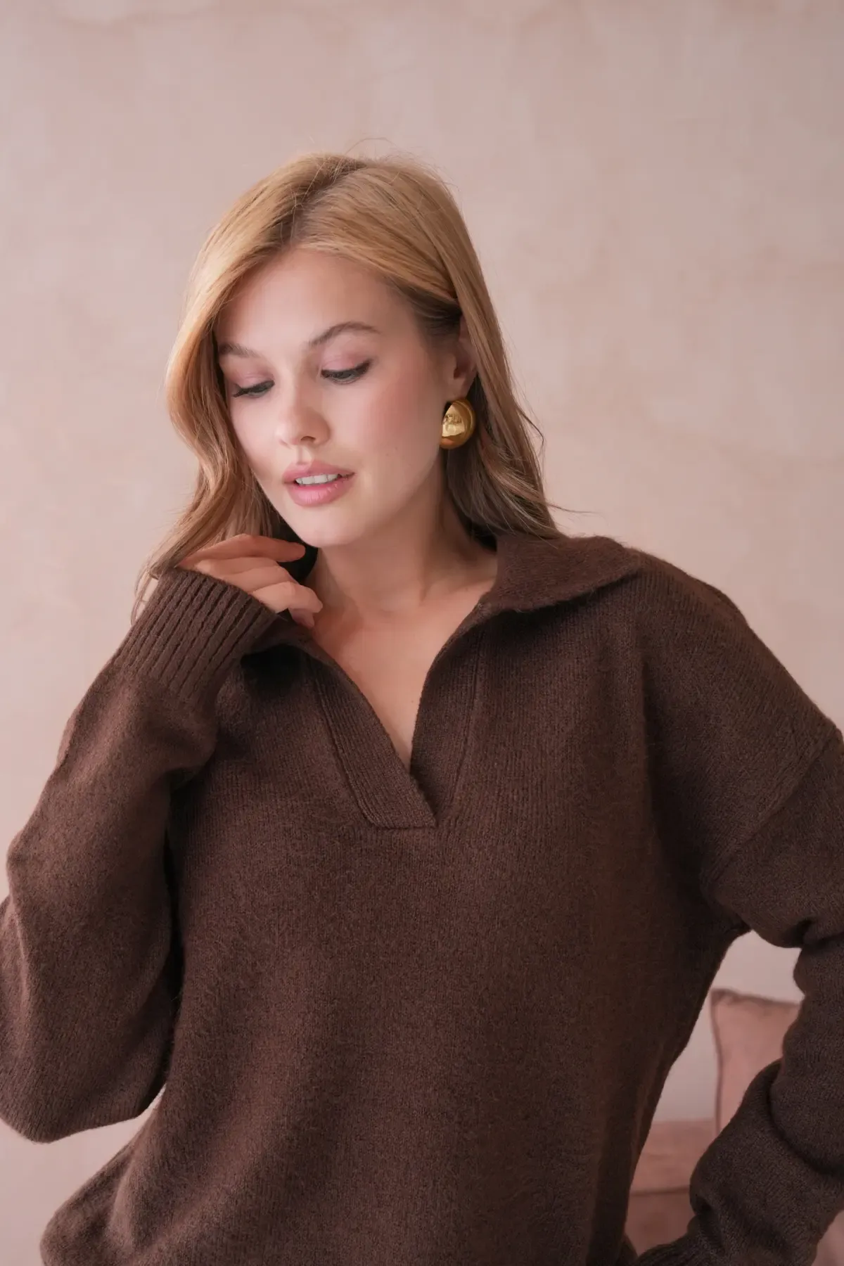 Kadın Polo Yaka Oversize Triko Kazak