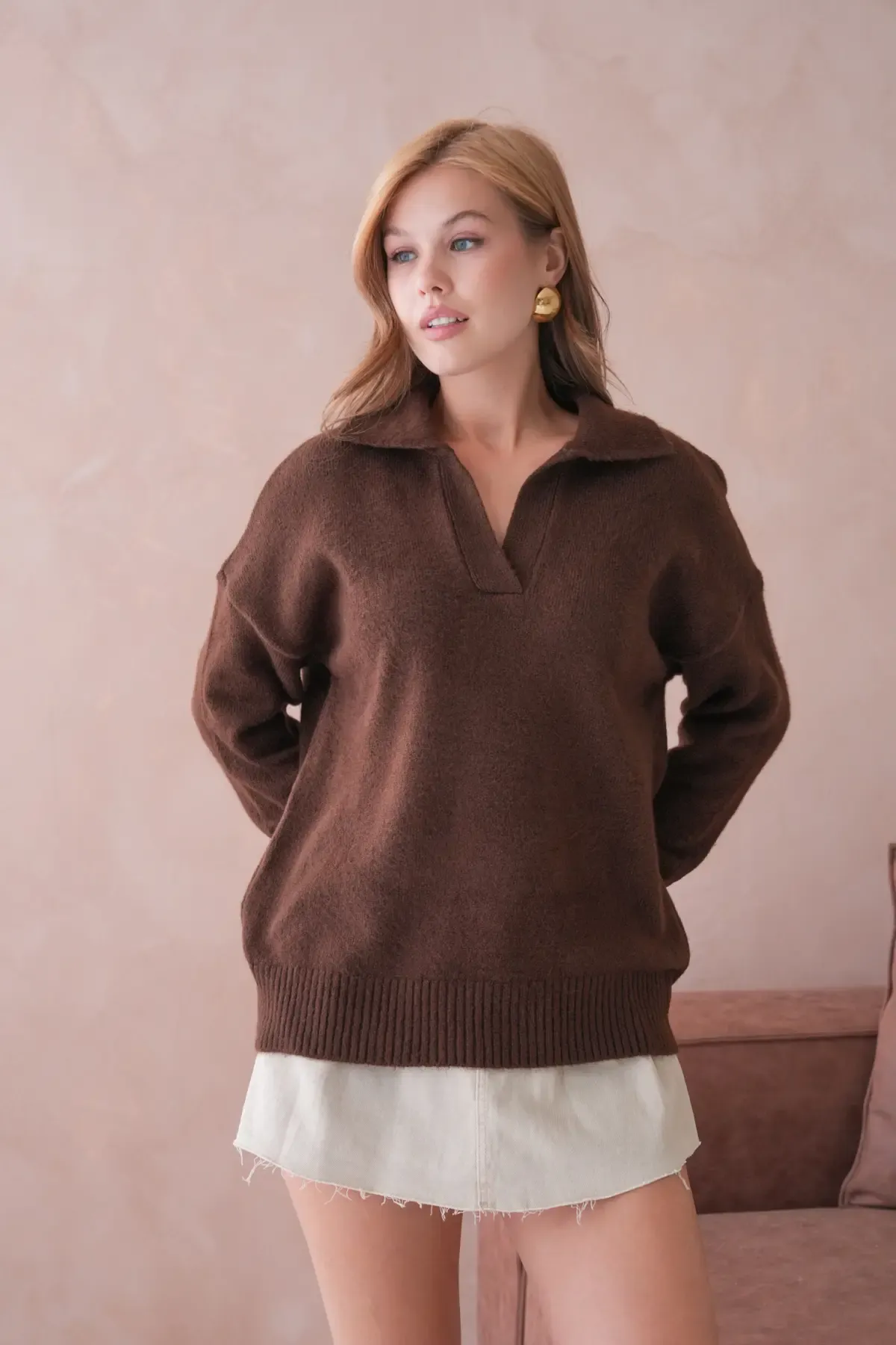Kadın Polo Yaka Oversize Triko Kazak