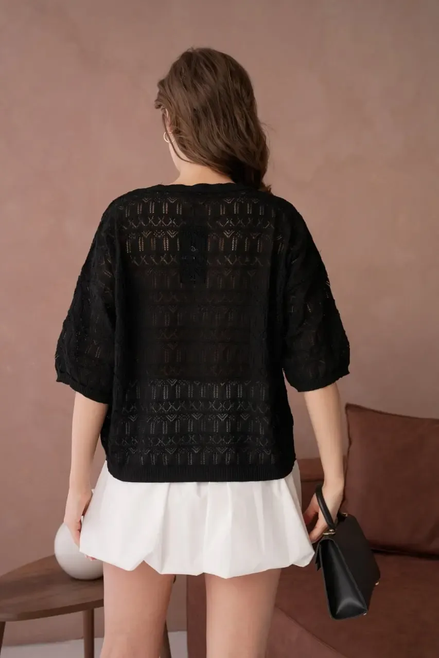 Kadın Siyah Ajurlu Mevsimlik Salaş Triko Kazak