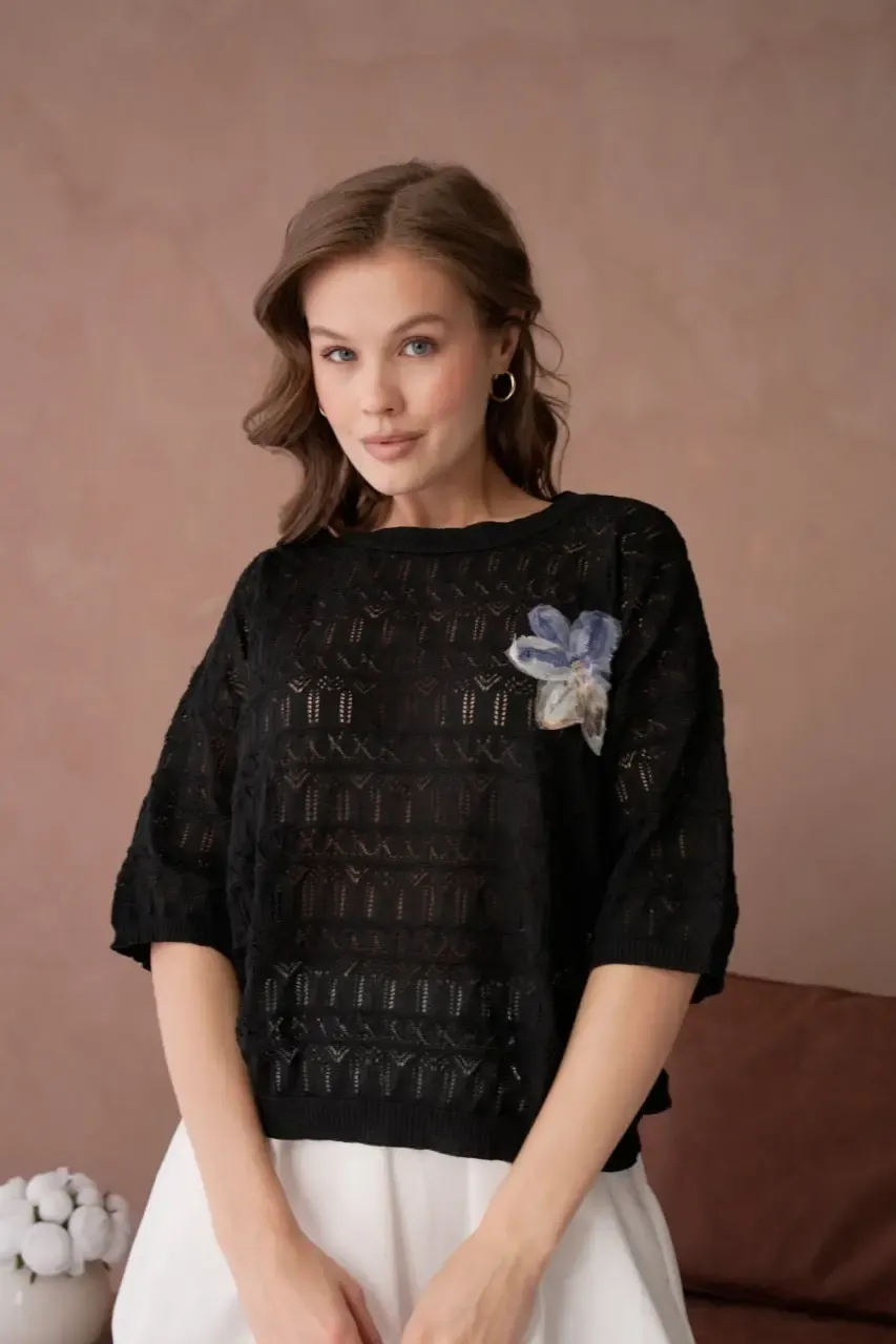 Kadın Siyah Ajurlu Mevsimlik Salaş Triko Kazak