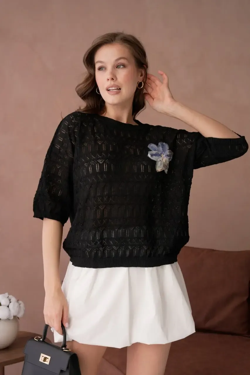 Kadın Siyah Ajurlu Mevsimlik Salaş Triko Kazak