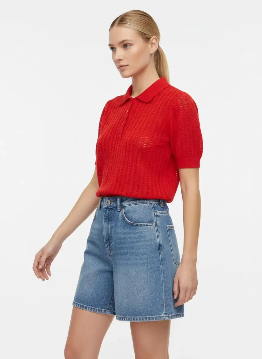 Polo Yaka Ajurlu Kısa Kol Polo Triko Kazak