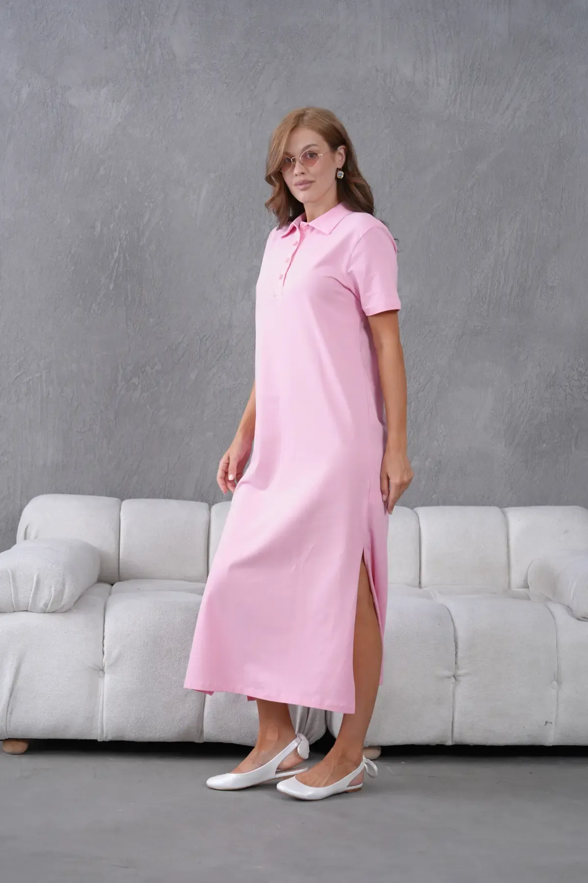 Polo Yaka Kısa Kol Yırtmaçlı Salaş Penye Elbise