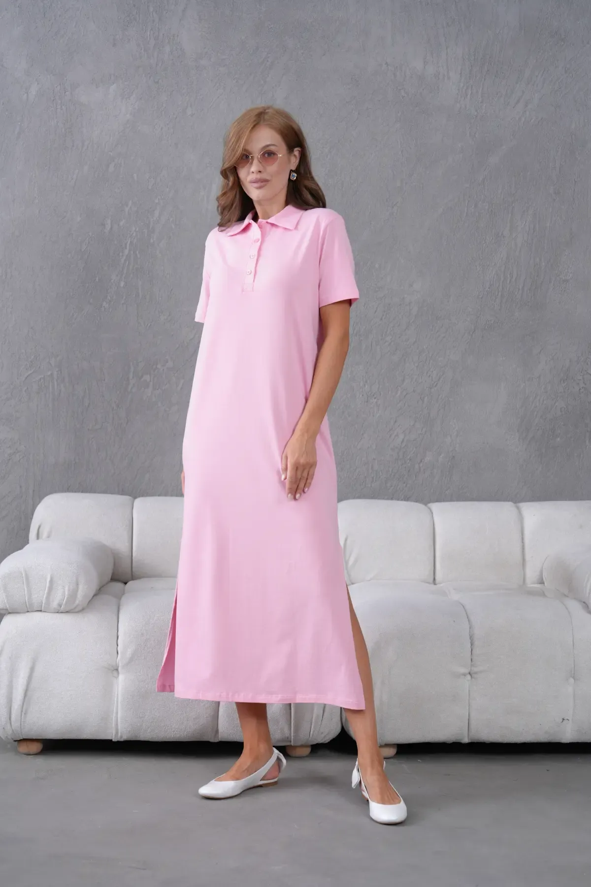 Polo Yaka Kısa Kol Yırtmaçlı Salaş Penye Elbise