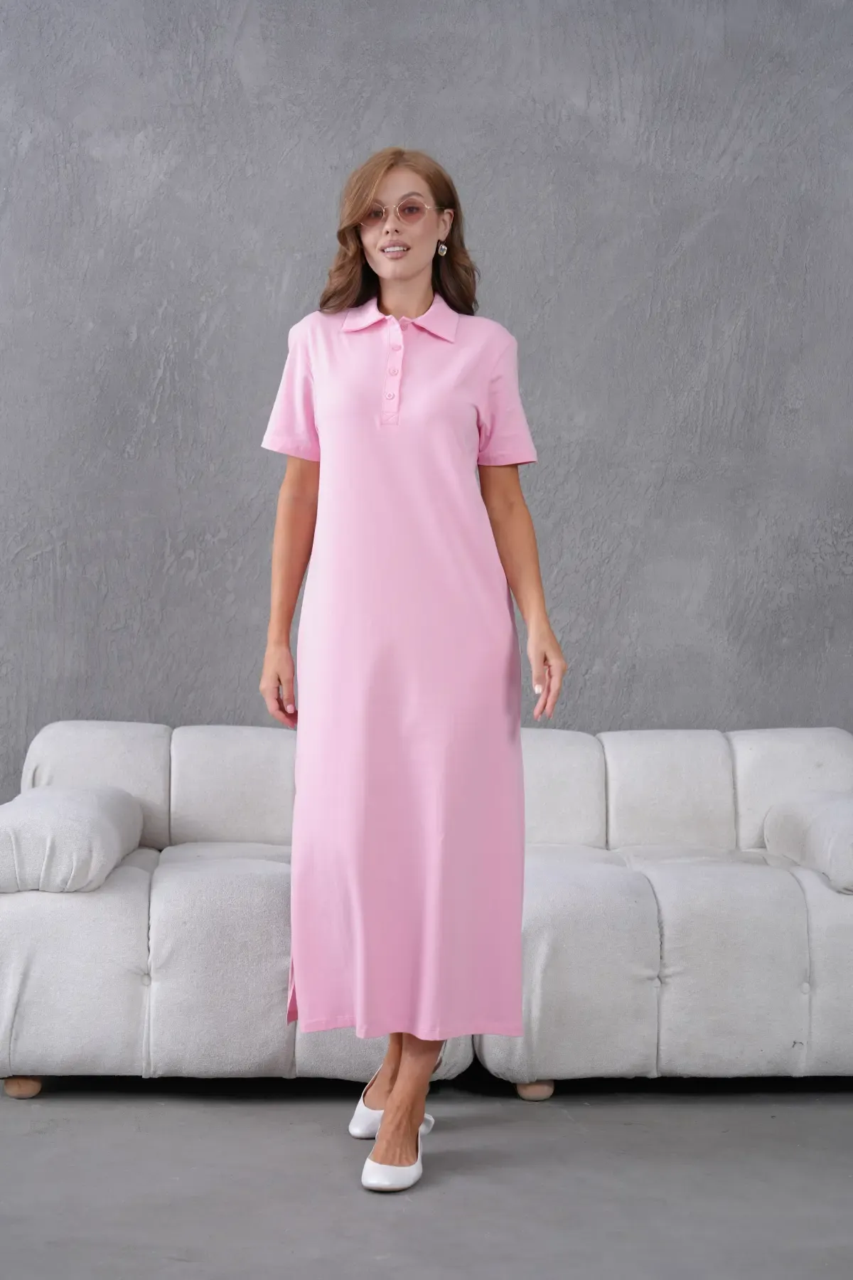 Polo Yaka Kısa Kol Yırtmaçlı Salaş Penye Elbise