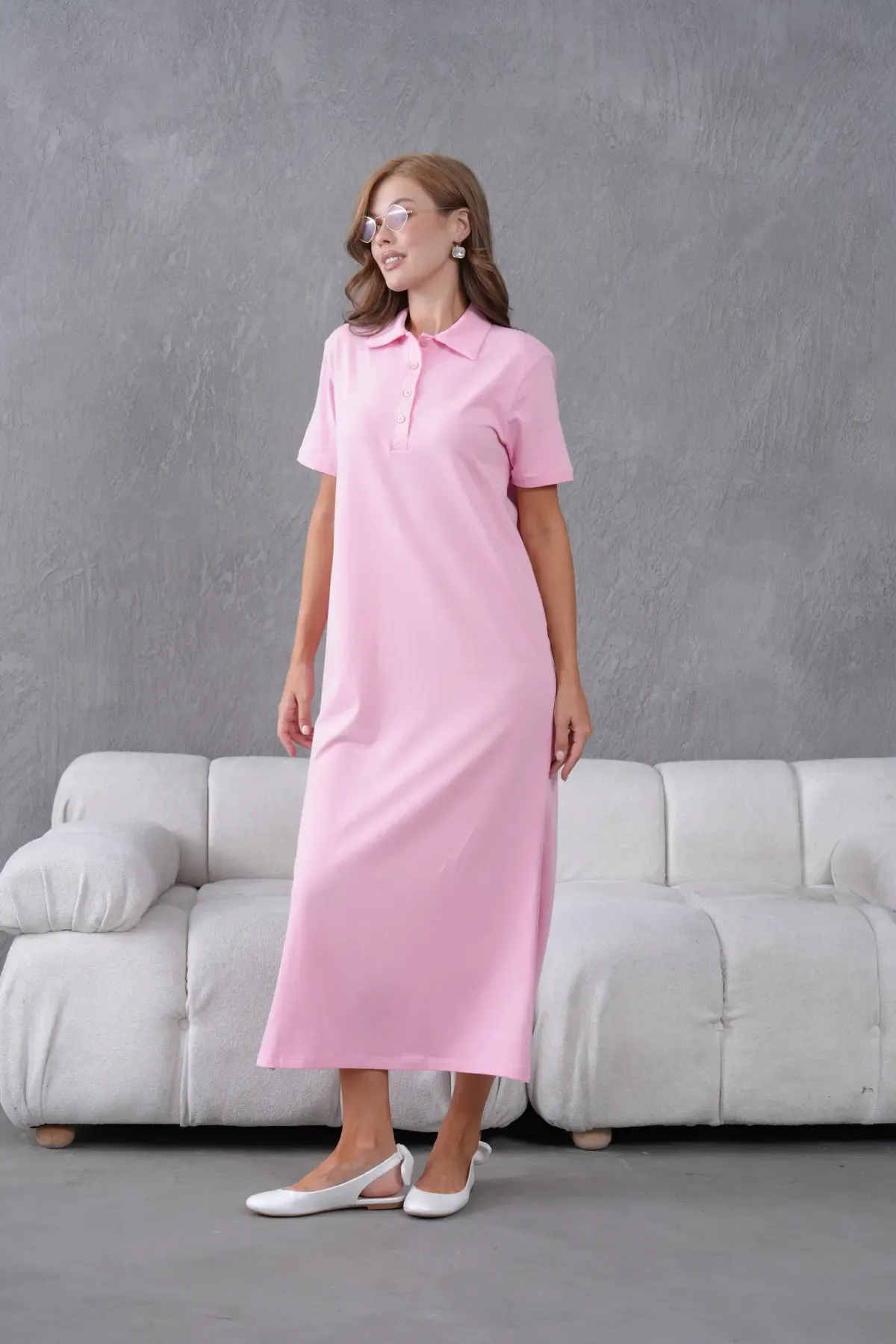 Polo Yaka Kısa Kol Yırtmaçlı Salaş Penye Elbise