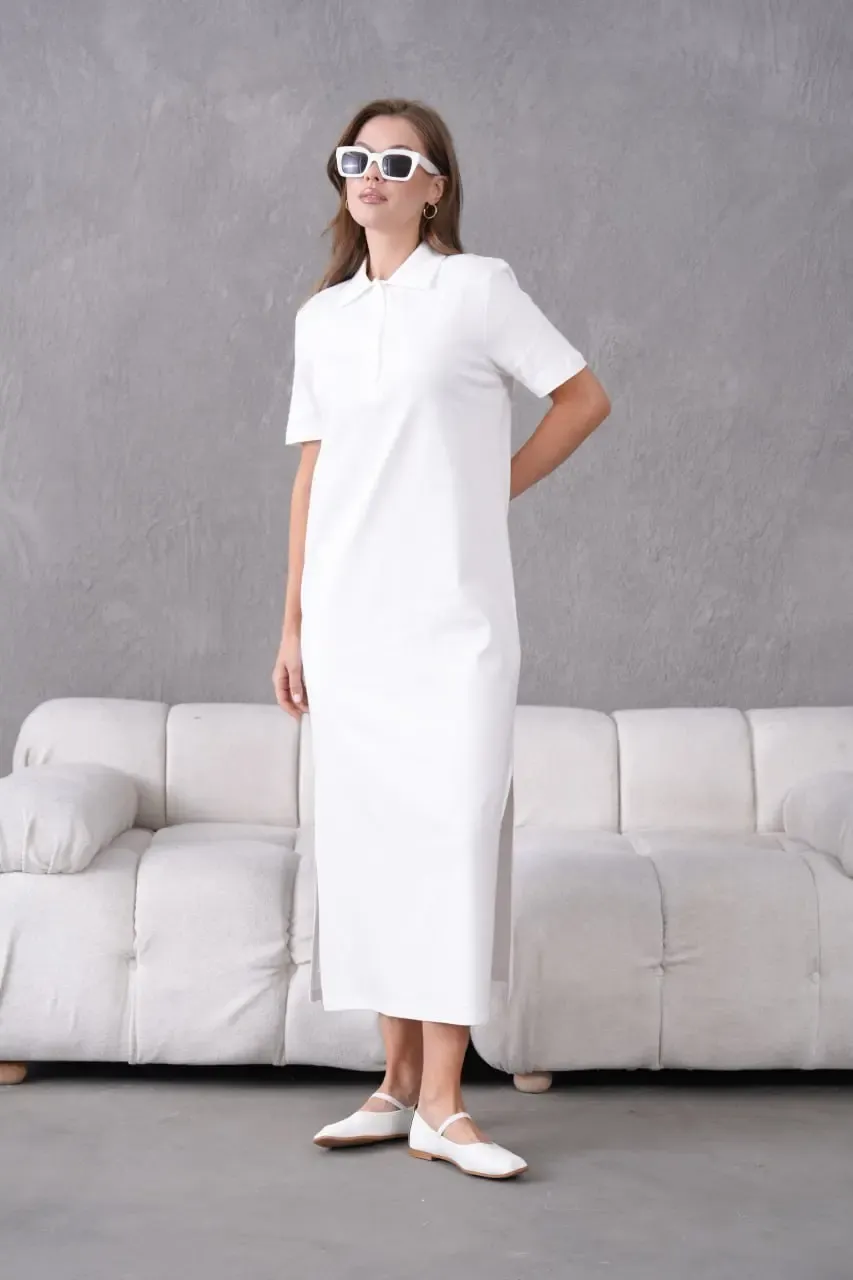 Polo Yaka Kısa Kol Yırtmaçlı Salaş Penye Elbise