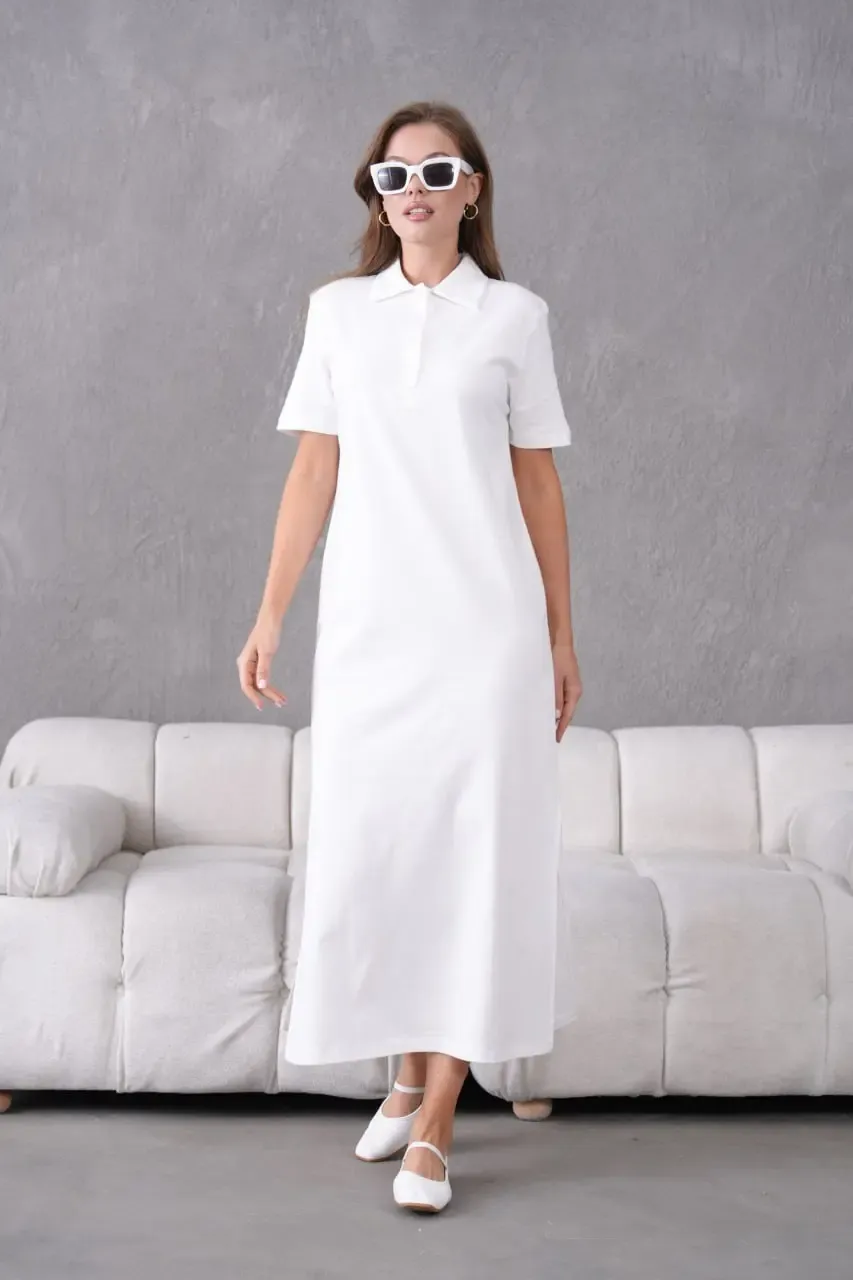Polo Yaka Kısa Kol Yırtmaçlı Salaş Penye Elbise
