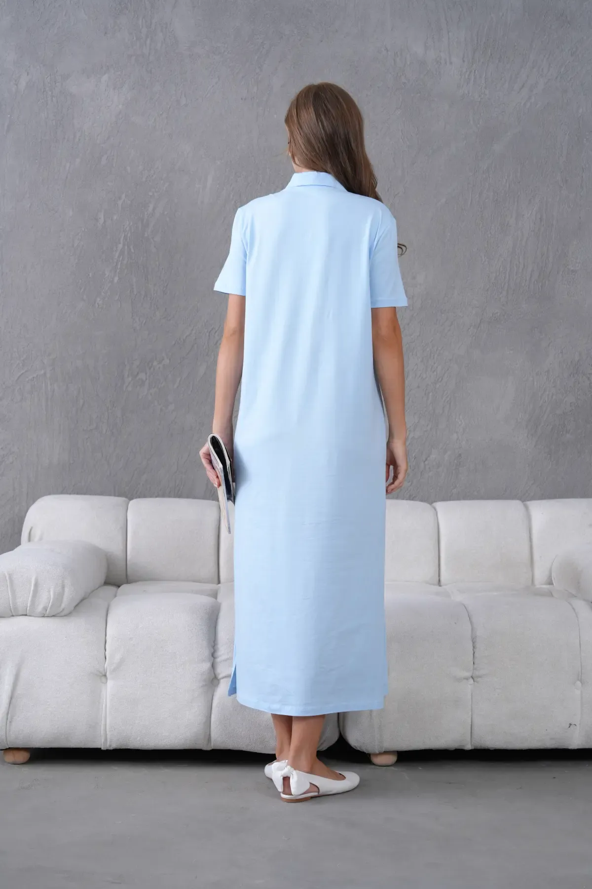 Polo Yaka Kısa Kol Yırtmaçlı Salaş Penye Elbise