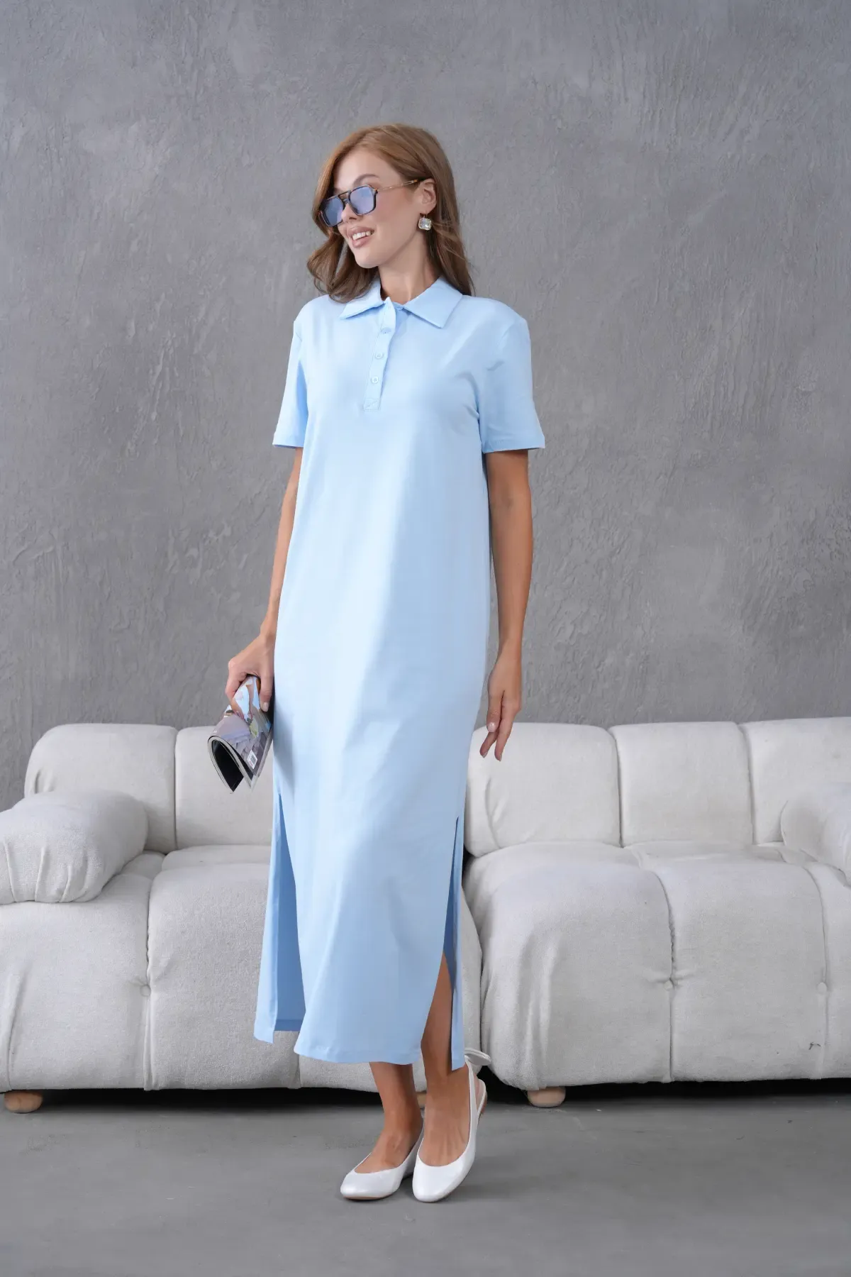 Polo Yaka Kısa Kol Yırtmaçlı Salaş Penye Elbise