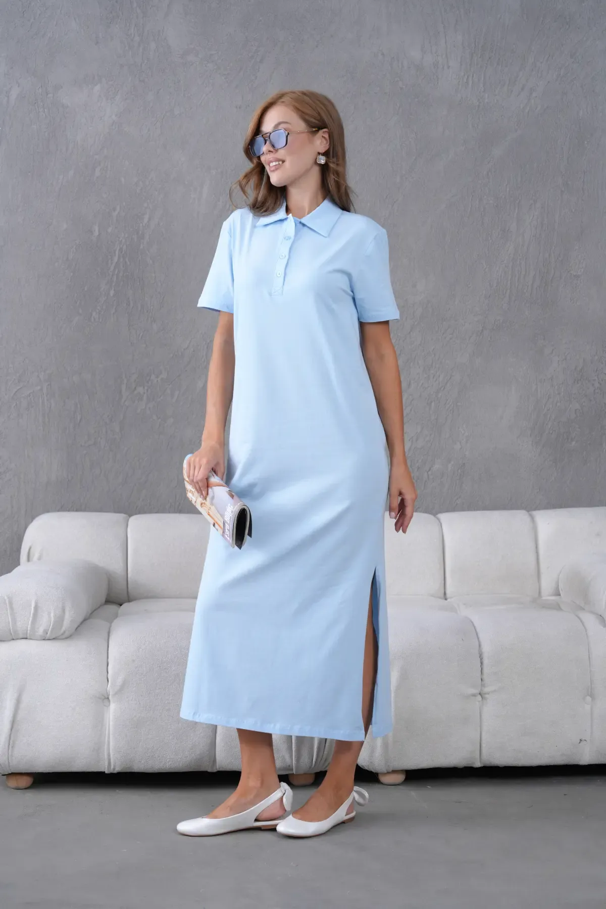 Polo Yaka Kısa Kol Yırtmaçlı Salaş Penye Elbise