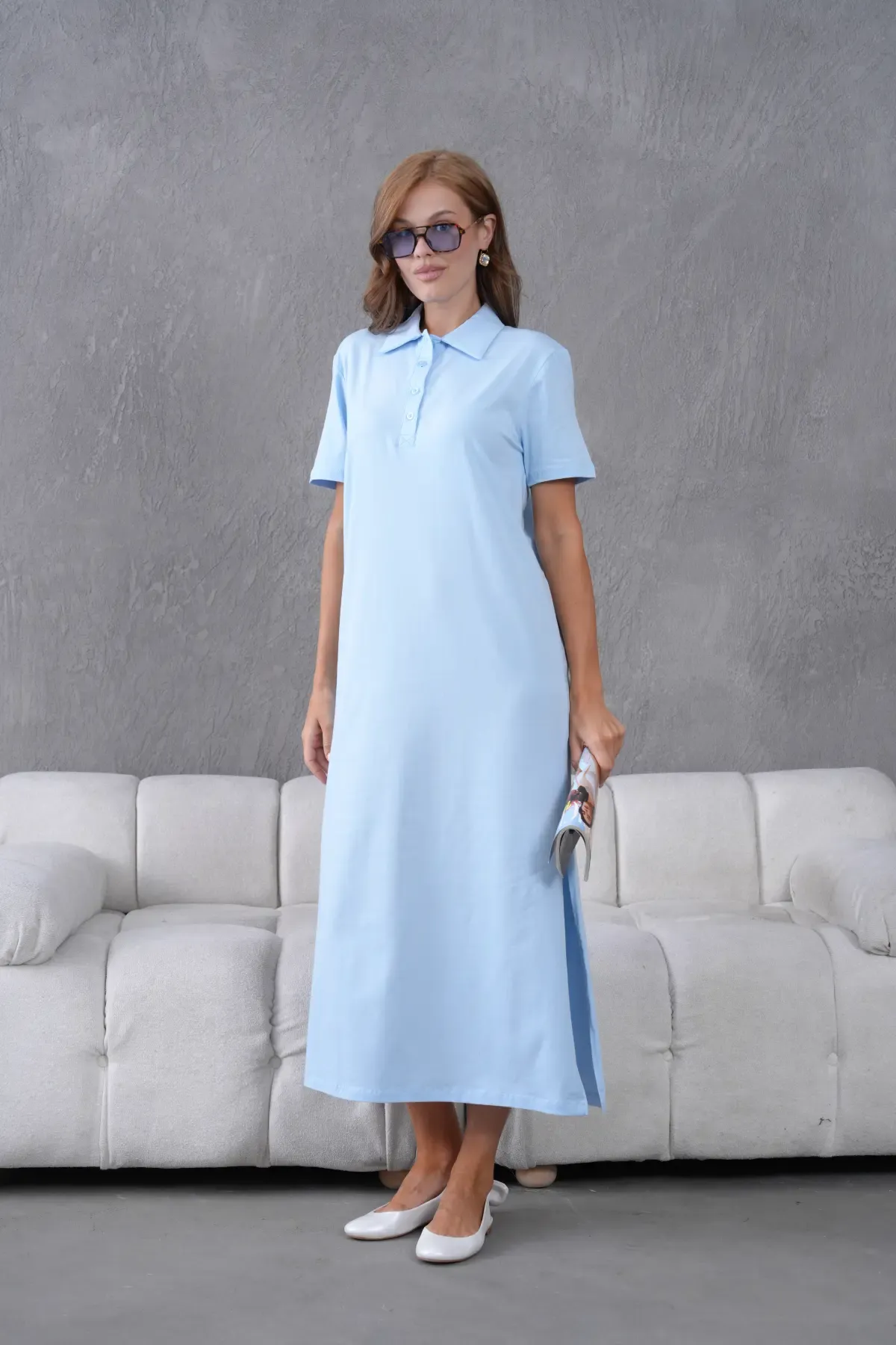 Polo Yaka Kısa Kol Yırtmaçlı Salaş Penye Elbise