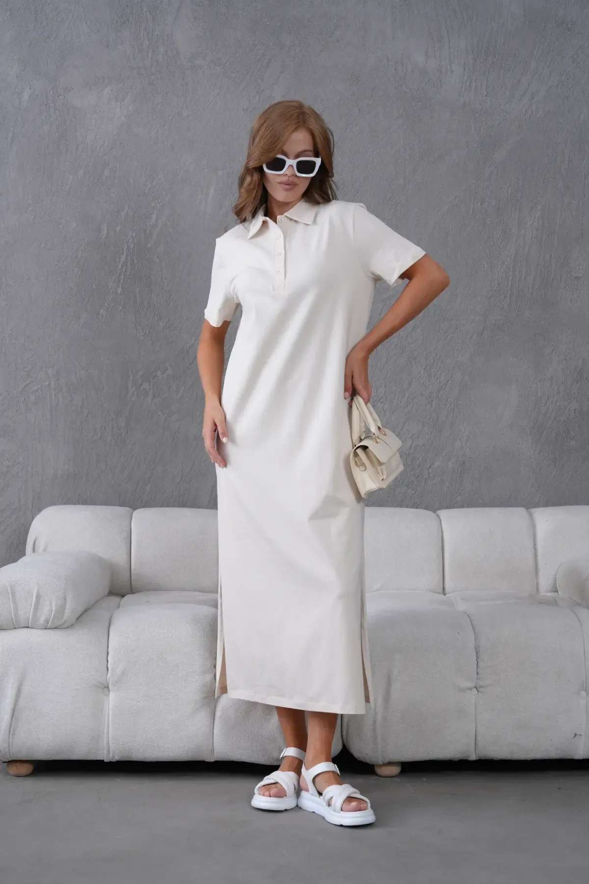 Polo Yaka Kısa Kol Yırtmaçlı Salaş Penye Elbise