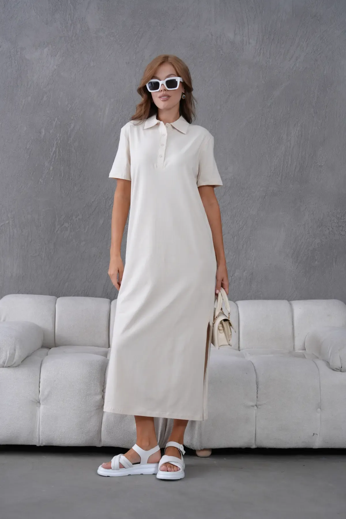 Polo Yaka Kısa Kol Yırtmaçlı Salaş Penye Elbise