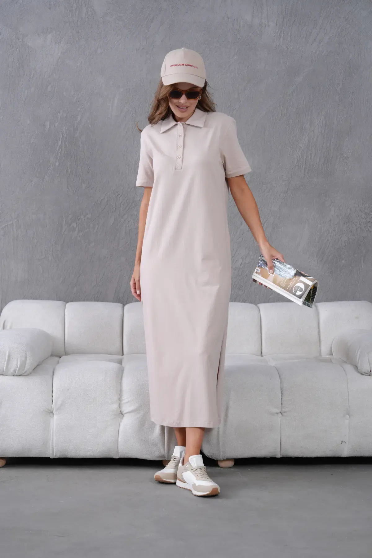 Polo Yaka Kısa Kol Yırtmaçlı Salaş Penye Elbise