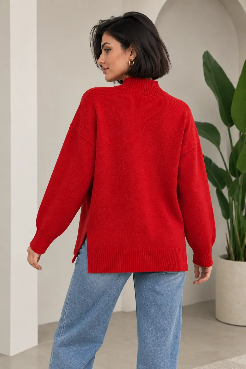 Kadın Yarım Balıkçı Dik Yaka Yanı Yırtmaçlı Oversize Triko Kazak 8771