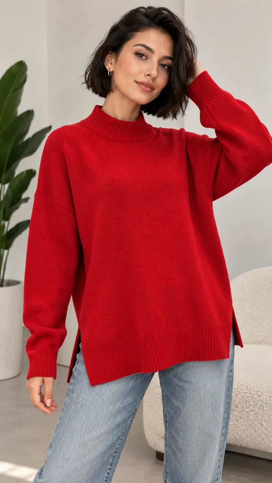 Kadın Yarım Balıkçı Dik Yaka Yanı Yırtmaçlı Oversize Triko Kazak 8771