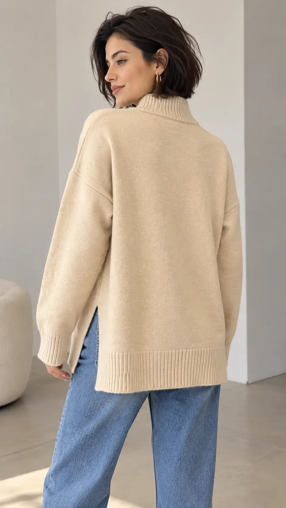 Kadın Yarım Balıkçı Dik Yaka Yanı Yırtmaçlı Oversize Triko Kazak 8771