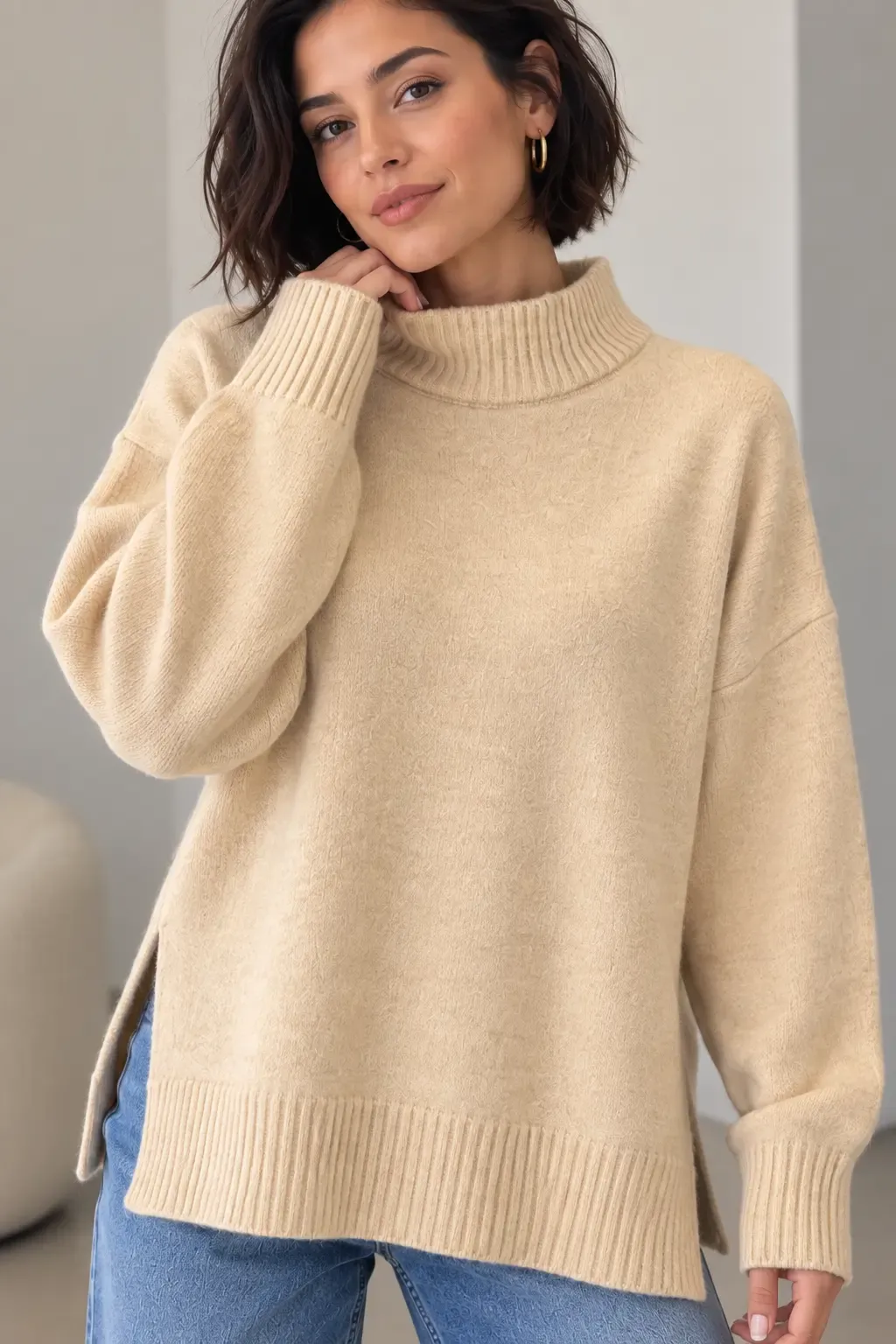 Kadın Yarım Balıkçı Dik Yaka Yanı Yırtmaçlı Oversize Triko Kazak 8771