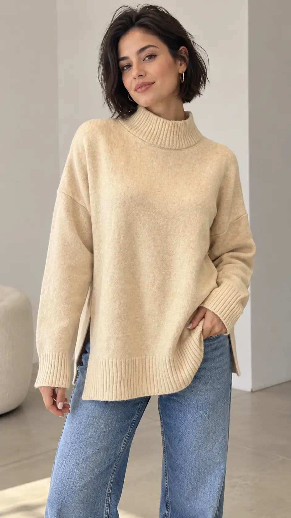 Kadın Yarım Balıkçı Dik Yaka Yanı Yırtmaçlı Oversize Triko Kazak 8771