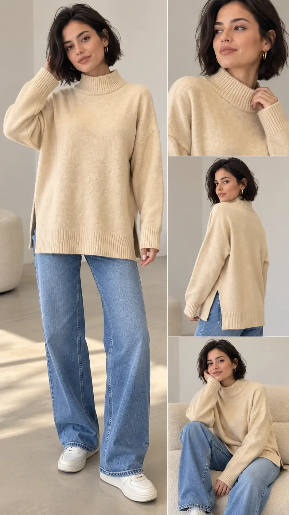 Kadın Yarım Balıkçı Dik Yaka Yanı Yırtmaçlı Oversize Triko Kazak 8771