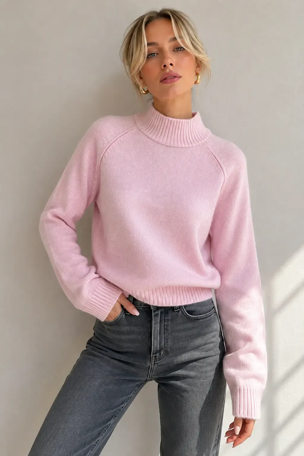 Kadın Dik Yaka Reglan Kol Pamuklu Triko Kazak 8757Sw