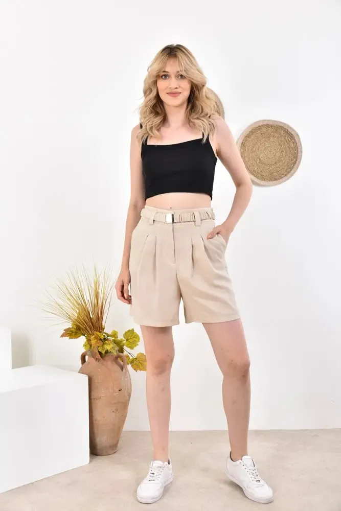 Womens Belt Pocket Detailed Pleated Bermuda