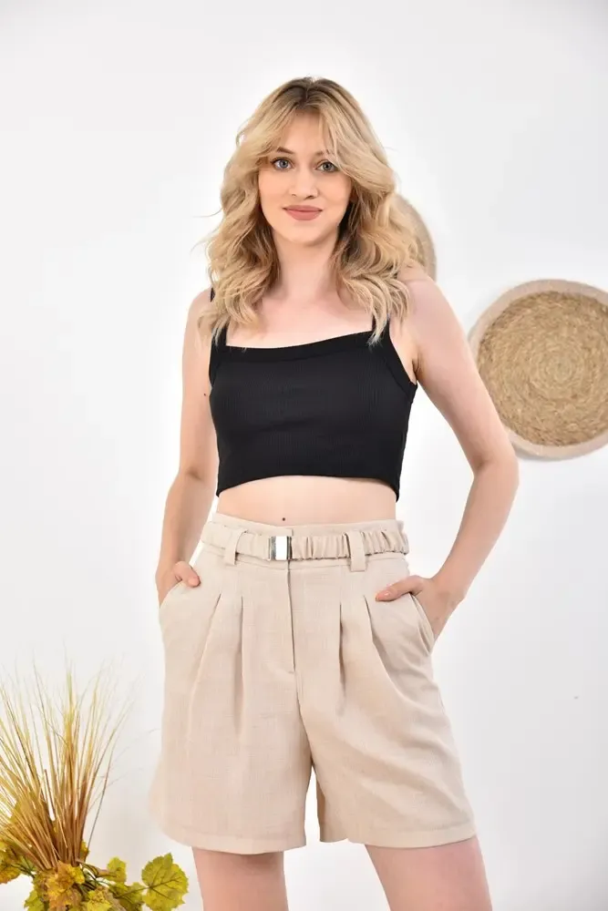 Womens Belt Pocket Detailed Pleated Bermuda