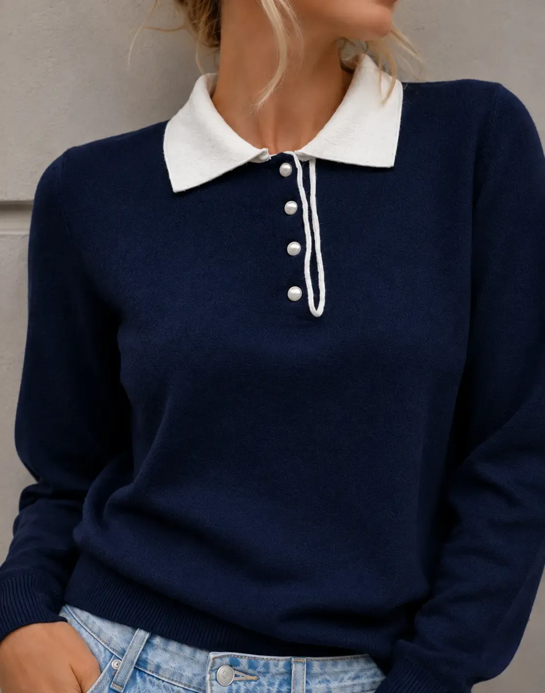 Kadın Kontrast Polo Yaka Düğmeli Viskon Triko Kazak 12538.Crs