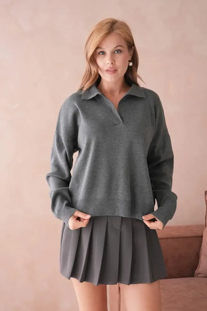Kadın Polo Yaka Oversize Triko Kazak