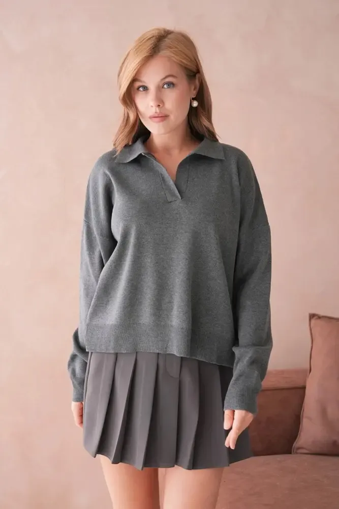 Kadın Polo Yaka Oversize Triko Kazak