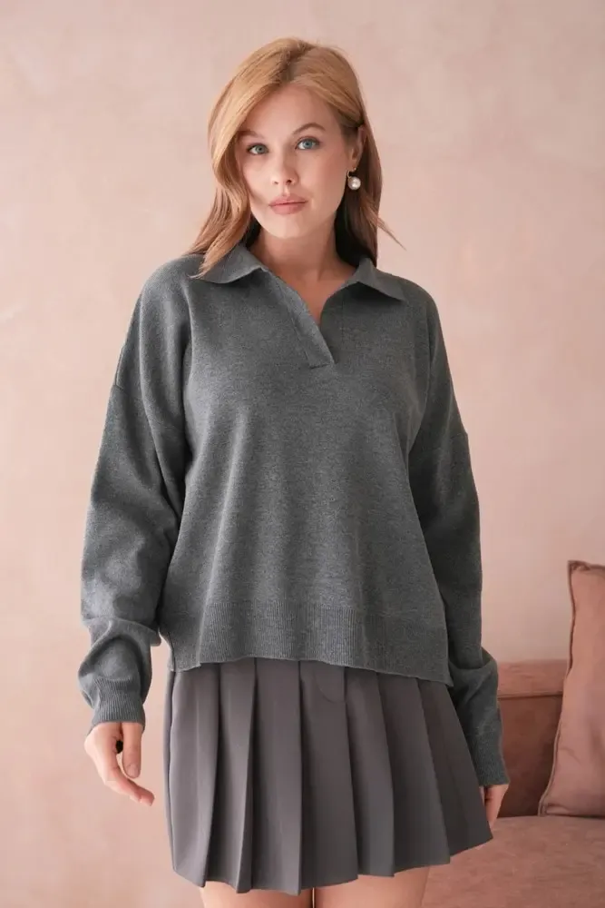 Kadın Polo Yaka Oversize Triko Kazak