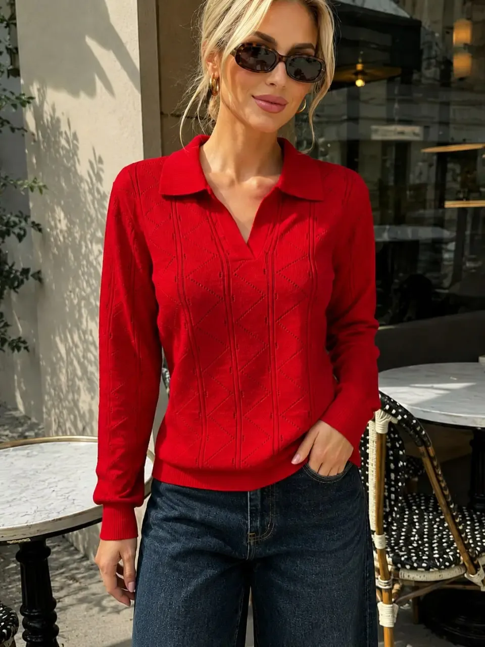 Kadın Polo Yaka Ajurlu Triko Kazak 12544