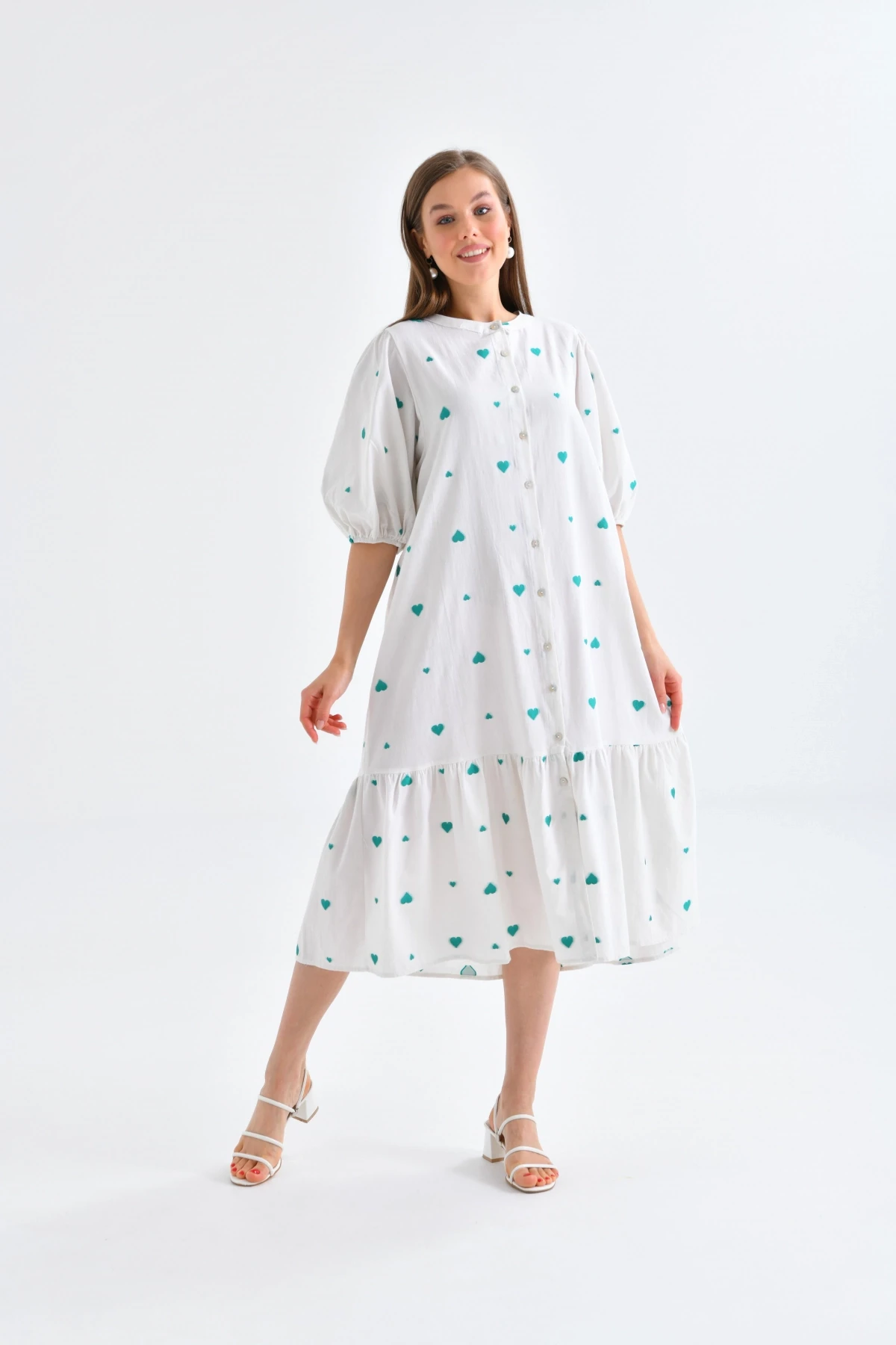 Yeşil Kalpli Balon Kol Uzun Elbise